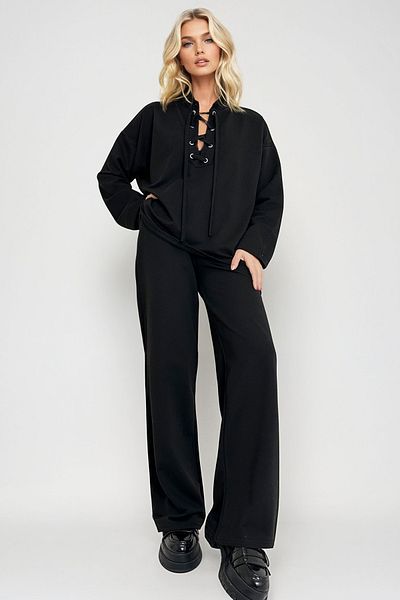 Trend Alaçatı Stili Women's Black Bird Eye Detailed Sweat and Double Pocket Pants Set - Alc-X13283