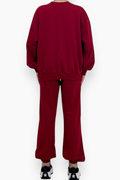 Trend Alaçatı Stili Claret Red Crew λαιμόκοψη και ελαστική μέση με δύο νήματα γυναικεία φόρμα - ALC-507-669-001