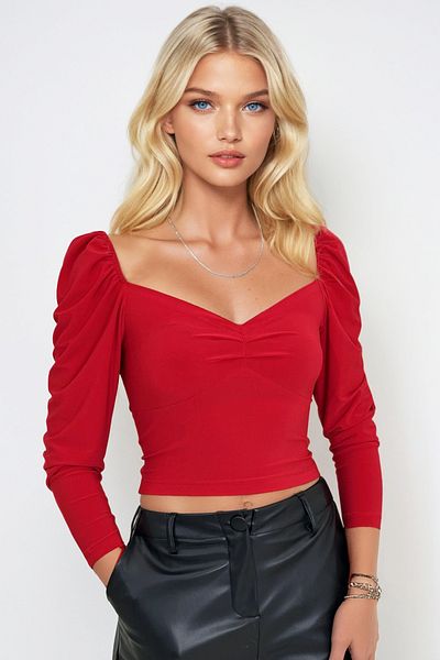 Trend Alaçatı Stili Women's Red Kiss Collar Princess Sleeve Soft Textured Crop Pattern Blouse Alc-X7319