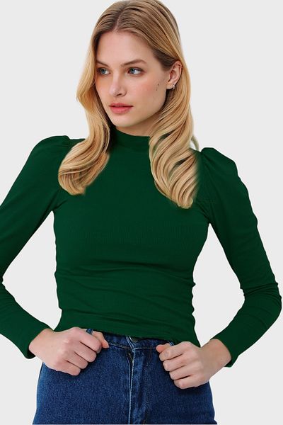 Trend Alaçatı Stili Smaragdgrüne Damen-Bluse mit Prinzessinnenärmeln und halbem Fisherman-Camisole-Bluse ALC-X5042