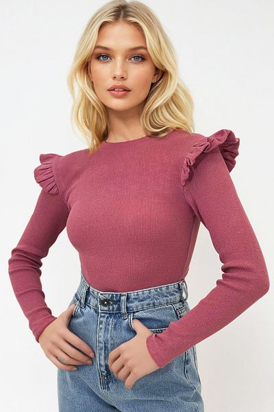 Trend Alaçatı Stili Γυναικείο πουλόβερ Dusty Rose Shoulders με βολάν Half Fisherman ALC-X5194