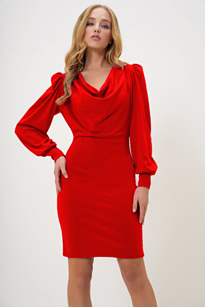 Trend Alaçatı Stili Damen-Minikleid mit rotem Degaje-Kragen und Prinzessinnenärmeln, saisonal, ALC-X13260