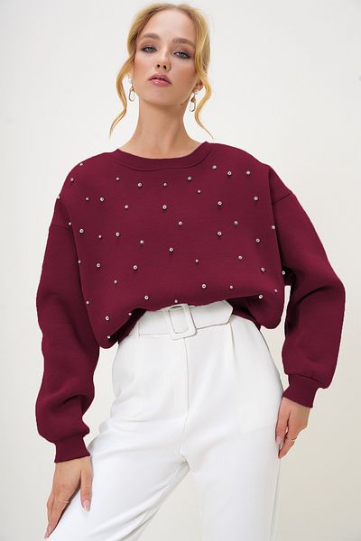 Trend Alaçatı Stili Burgunderfarbenes Raised-Sweatshirt – Rundhalsausschnitt, Perlenanzünder, drei Fäden ALC-X13177