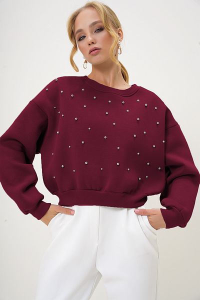 Trend Alaçatı Stili Burgunderfarbenes Raised-Sweatshirt – Rundhalsausschnitt, Perlenanzünder, drei Fäden ALC-X13177