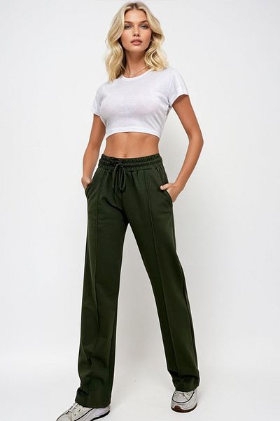 Trend Alaçatı Stili Khakifarbene Damen-Jogginghose mit hoher Taille und geraster Vorderseite und weitem Bein und zwei Taschen ALC-X7957