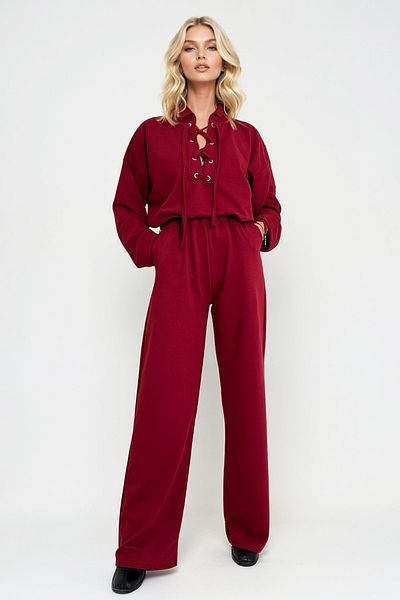 Trend Alaçatı Stili Burgundy Bird Eye Detailed Sweat and Double Pocket Women's Pants Set - Alc-X13283