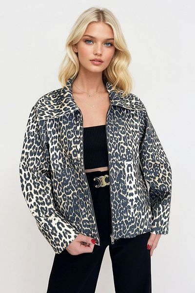 Trend Alaçatı Stili Damenjacke mit Leopardenmuster – Hemdkragen, Doppeltaschen, Tauchstoff ALC-X13289