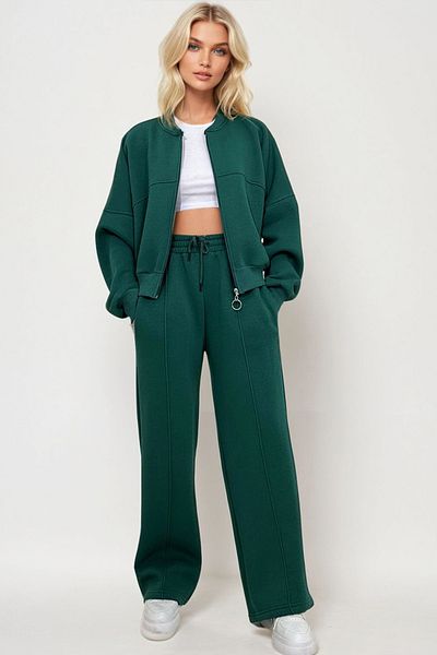 Trend Alaçatı Stili Green Women's Sweat and Grass Trousers Set - Crew Neck, 3 Thread, Zip-Up, Alc-X13284