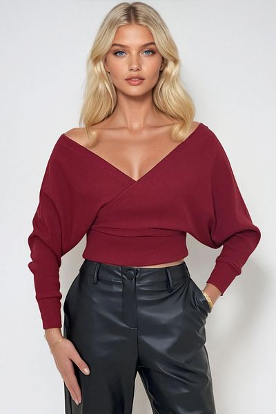 Trend Alaçatı Stili Women's Burgundy Front Back V Neck Double Breasted Blouse Alc-019-053-Blz