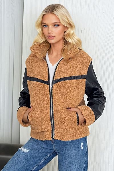 Trend Alaçatı Stili Taba Women &Apos; S Plush Coat with Double Pockets and Lining, Alc-X13280