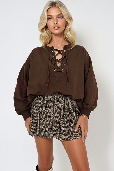 Trend Alaçatı Stili Brown Oversize Sweatshirt with Lace Front - Mda-1029