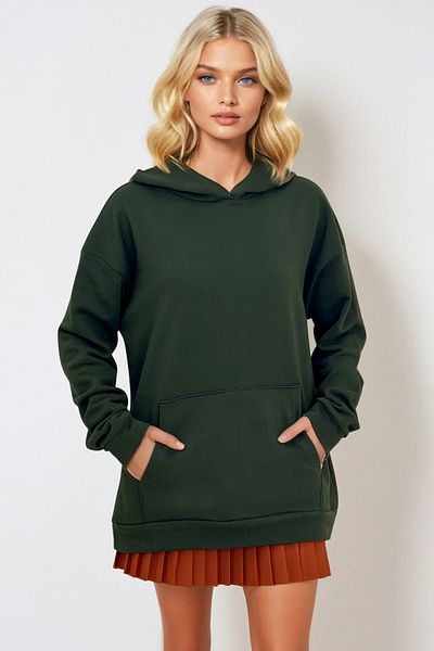Trend Alaçatı Stili Dámská khaki mikina s kapucí, klokaní kapsa, 3 vlákna, silná ALC-531-009