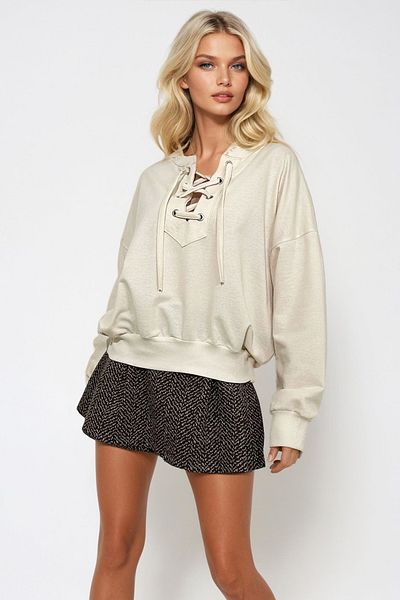 Trend Alaçatı Stili Γυναικείο φούτερ σε μπεζ κορδόνι Oversize MDA-1029