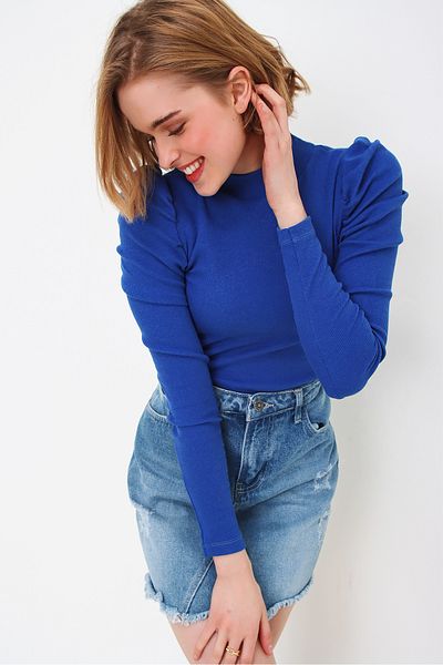 Trend Alaçatı Stili Női Saks Princess Sleeve fél garbó blúz ALC-X5042