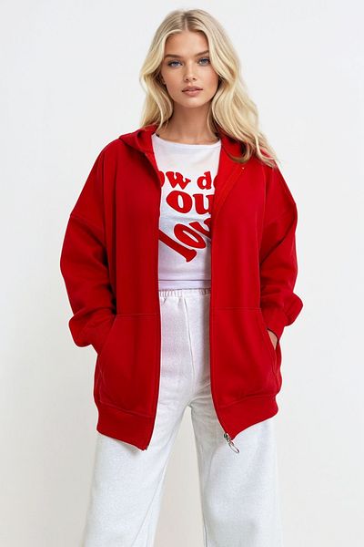 Trend Alaçatı Stili Rotes Damen-Sweatshirt – Kapuzenpullover, Kängurutasche und Reißverschluss, ALC-X10800