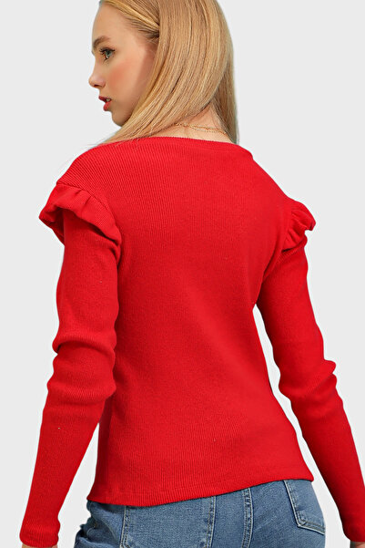 Trend Alaçatı Stili Női piros fodros vállú Half Fisherman pulóver ALC-X5194