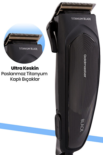 GOLDMASTER Black Kablolu Titanyum Çelik Bıçaklı Sessiz Ayarlanabilir Kesme Başlıklı Saç Ve Sakal Kesme Makinesi