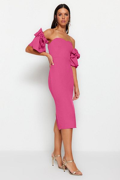 Trendyol Collection Fuksja Róża Akcesorium Tkana Elegancka Suknia Wieczorowa Sukienka Na Ukończenie Szkoły TPRSS23EL00541