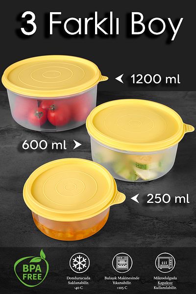 Meleni Home Set of 14 Yellow Round Food Storage - 8X250 4X600 2X1200Ml Food Container