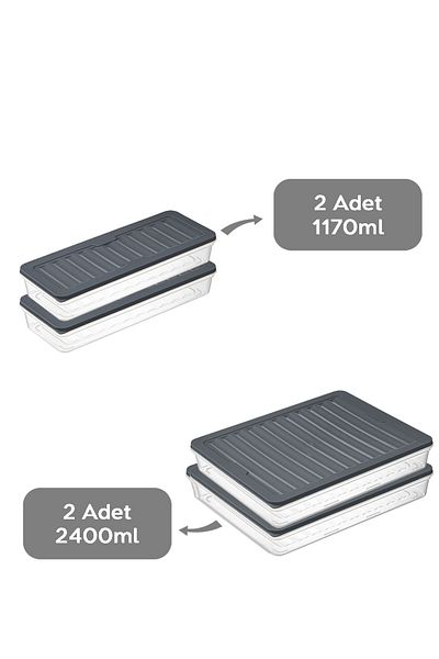 Meleni Home Anthracite 4 Piece Refrigerator Organizer Set - 2X2400Ml 2X1170Ml Freezer Container