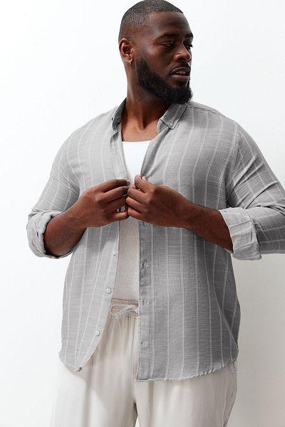Trendyol Collection Large Size Striped Khaki Shirt - Regular Fit, Comfortable Collar TMNSS23GO00095