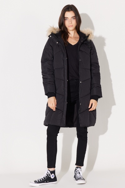 Lee Regular Fit Normal Kesim Kapüşonlu Uzun Siyah Şişme Mont