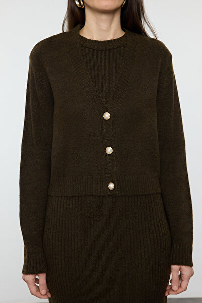 Trendyol Modest Sötét khaki twill puha textúrájú kötött ruha kardigán szett TCTAW25US00049