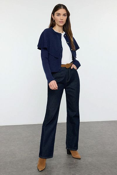 Trendyol Collection Navy Blue Button Sleeve Detailed Crew Neck Knitwear Cardigan Twoaw25Hi00371
