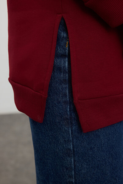 Trendyol Modest Φούτερ Claret Red Fleece Oversize - με γιακά και λεπτομέρεια με σχισμή TCTAW25TW00004