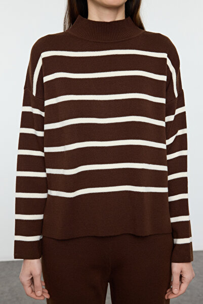 Trendyol Collection Brown Striped Knitwear Pants Bottom-Top Suit Twoaw24Au00045
