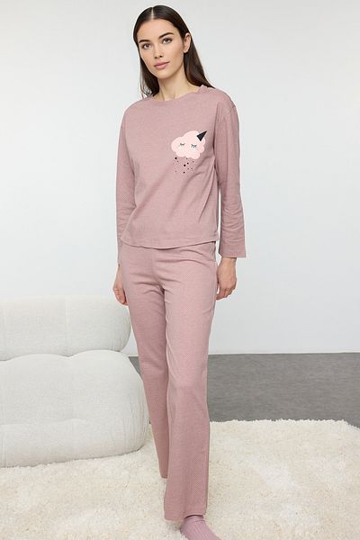 Trendyol Collection Cloud Printed Polka Dot Mink Pajamas Set - 100% Cotton Thmaw25Pt00209