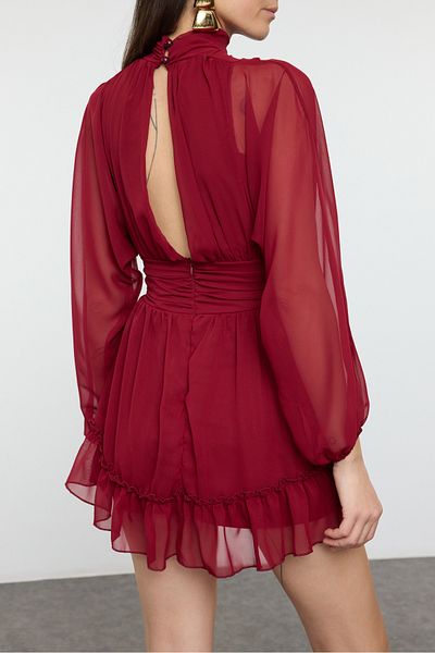 Edit by Trendyol Rochie scurtă țesătă din șifon cu căptușeală în formă de A burgundy TEDAW25EL00051