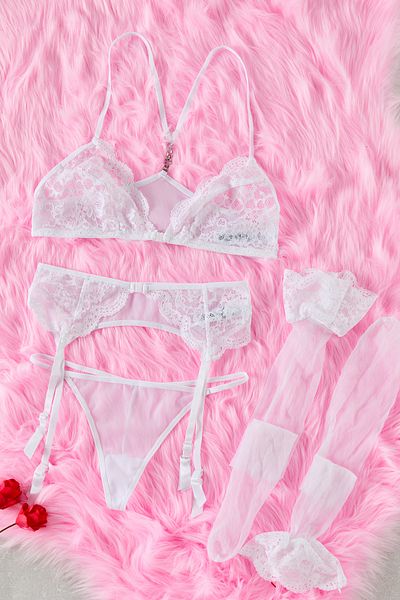 Trendyol Collection Weißes Spitzen-Strickunterwäsche-Set mit Seilträgern – Strumpfband und Strümpfe THMAW24CC00013