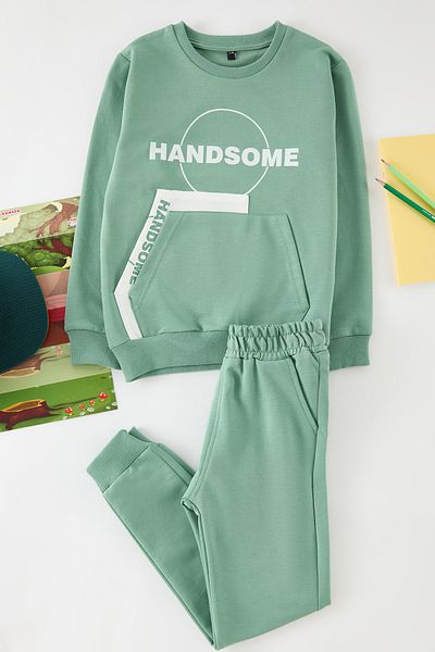TRENDYOLKIDS Zöld fiú nyomott kötött felső öltöny TKDAW25AU00147