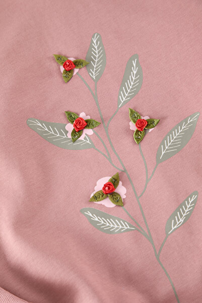 TRENDYOLKIDS Dusty Rose Girls Floral Knitted Bottom-Top Suit Tkdaw25Au00156