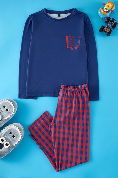 TRENDYOLKIDS Navy Blue Boy's Slogan Knitted Bottom-Top Suit Tkdaw25Au00093