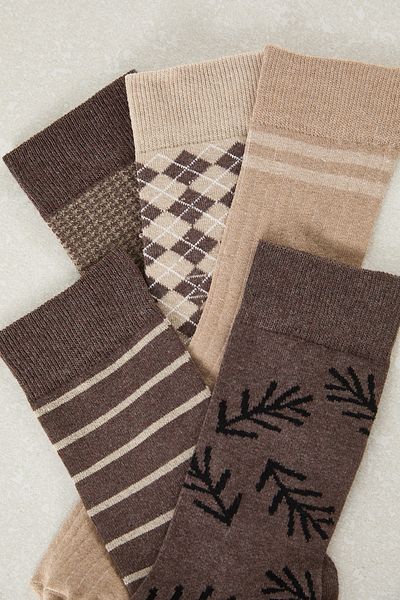 Edit by Trendyol Braune, gemusterte, strukturierte, lange Socken aus Baumwolle im 5er-Pack für Unisex