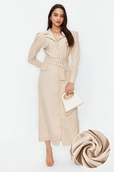 Trendyol Modest Gewebtes Hemdkleid im Leinen-Look mit Steingürtel und Knöpfen TCTSS24EB00017