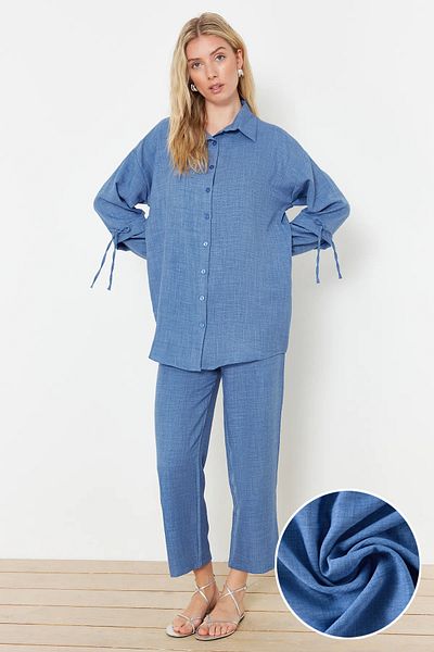 Trendyol Modest طقم علوي منسوج من الكتان باللون النيلي TCTSS24US00062