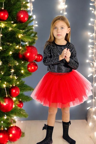 LEON CLUB Catifea Neagra - Rochie Eid de Craciun Pentru Fata Cu Fusta Tutu Rosie
