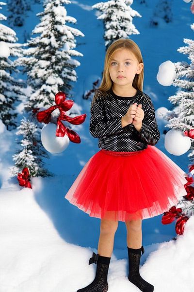 LEON CLUB Catifea Neagra - Rochie Eid de Craciun Pentru Fata Cu Fusta Tutu Rosie