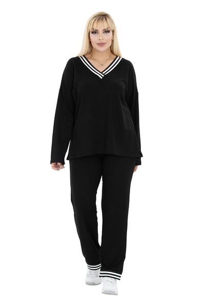 MELSAY Women's Black Plus Size Collar Stripe Detailed Long Sleeve Elastic Waist V-Neck Tracksuit Set