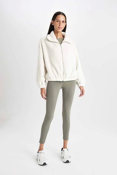 DeFacto C8229 Oversize Wide Fit Polo Neck Welsoft Plush Zip-Up Cardigan