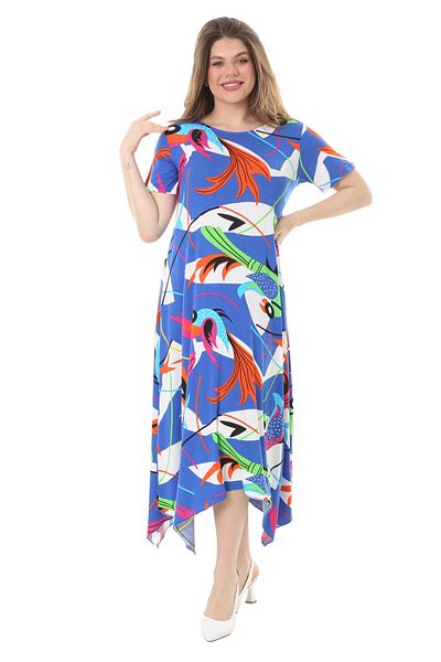 MELSAY Women's Turquoise Parrot Pattern Short Sleeve Asymmetrical Dress