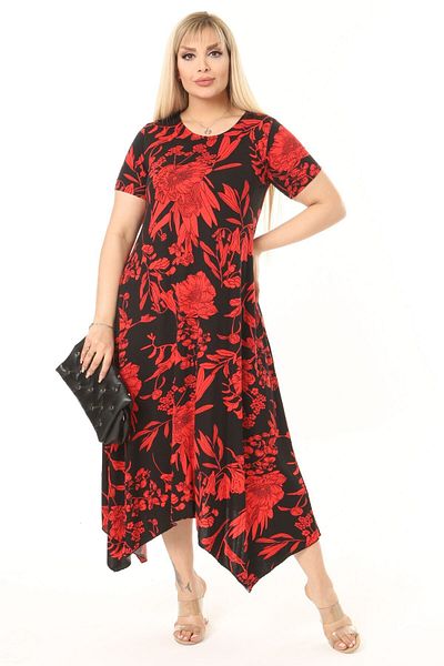 MELSAY Women's Red Tropical Print Large Size Short Sleeve Asymmetrical Dress