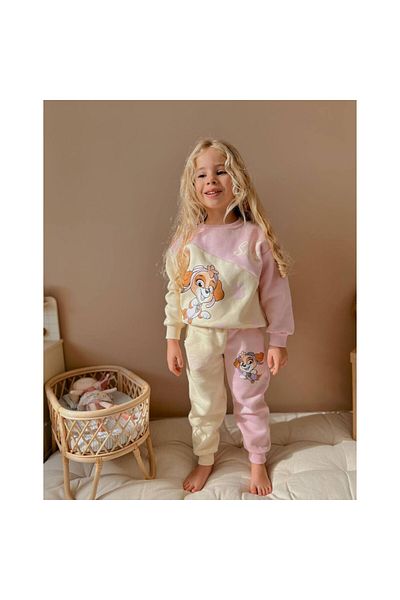 RİGEL KİDS Paw Patrol Printed, Ecru-Pink Color 3 Thread Raised Girl's Suit