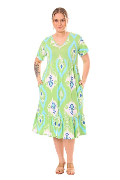 MELSAY Women's Green Damask Pattern V-neck Short Sleeve Ruffle Robe Dress