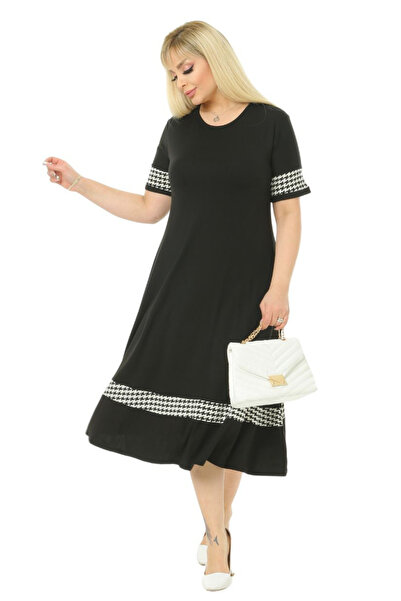 MELSAY Women's Black Short Sleeve Skirt Houndstooth Stripe Detailed Midi Knitted Dress