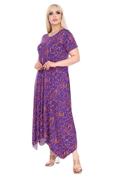 MELSAY Women's Short Sleeve Purple Print Asymmetrical Cut Plus Size Dress