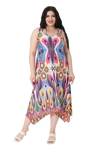 MELSAY Beige Blue Patterned Women's Dress with Buckle Detail